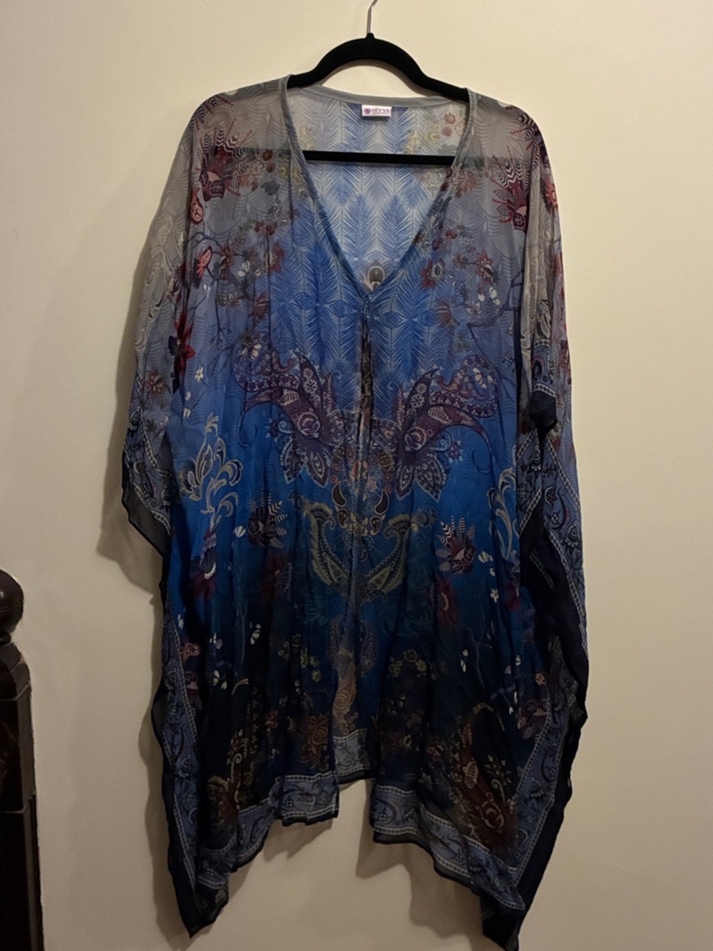 Beautiful Sheer Blue Ombre Paisley V-Neck Tunic. One-size